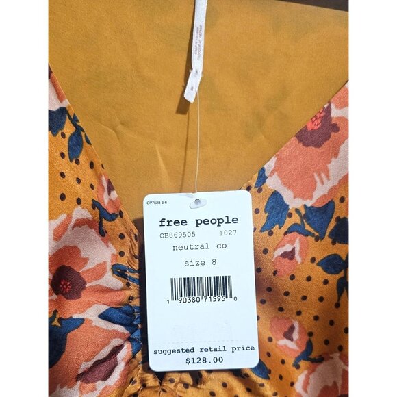 Free People Morning Light Floral Print Ruched Mini Dress Long Sleeve Gold 8 NWT - Picture 6 of 10